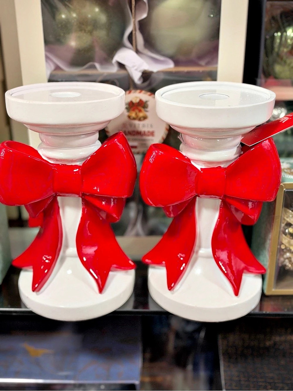 Red & White Bow Candle Holders Set 2 about 6” tal